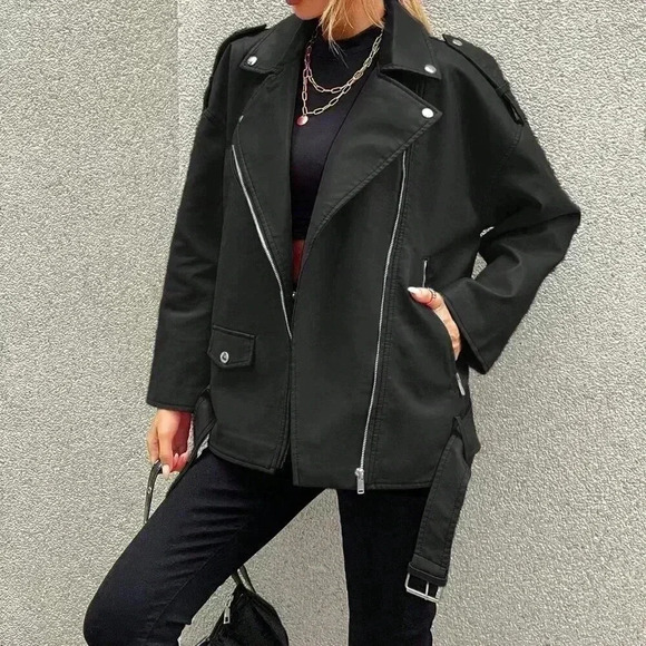 Black Casual Women's Zip Up Flap Detail Belted Moto Jacket - Picture 6 of 6